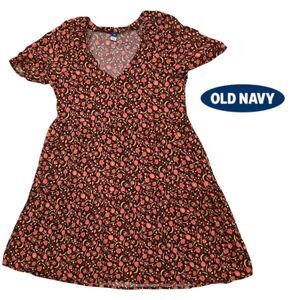 Old Navy M Tall Floral Fit Flare Dress Brown Pink V Neck Cotton EUC